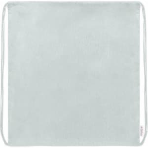 A light grey drawstring bag with a smooth texture and a logo on one side.