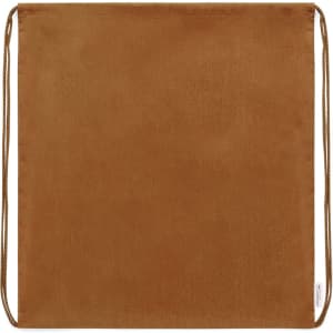 A brown drawstring bag with a smooth finish and matching drawstrings, featuring a small logo.