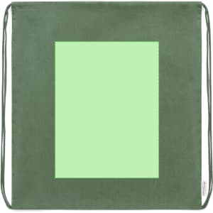 A green drawstring bag with a central blank area and matching drawstrings, featuring a logo on the side.