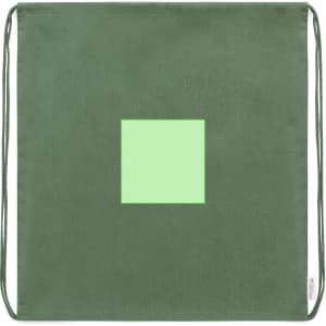 A green drawstring bag featuring a square design in the centre and a logo at the bottom.