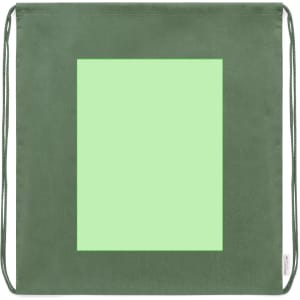 A green drawstring bag with a light green rectangular design in the centre and matching drawstrings. It features a logo.