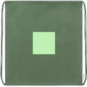 A green drawstring bag featuring a square design in a lighter green shade. It has a logo on one side.