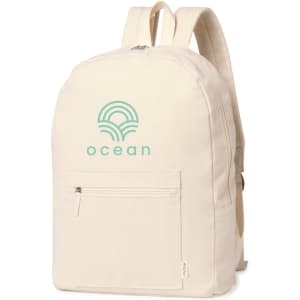 A beige backpack with a front zip pocket and a logo featuring waves, ideal for casual use.
