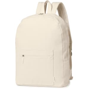 A cream-coloured backpack with padded straps and a front zip pocket, featuring a logo.
