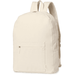 A cream-coloured backpack with a front zip pocket and adjustable shoulder straps. It has a logo on it.