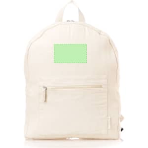 A cream-coloured backpack with a front zip pocket and a blank area for branding. Features a logo on the side.