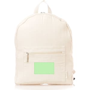 A beige backpack with a zippered front pocket and a branding logo. The backpack features a simple, minimalist design.