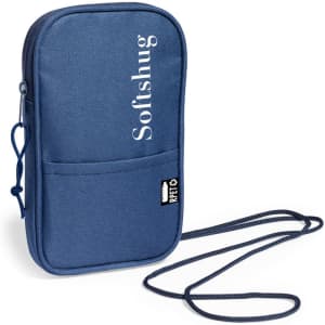 A navy multipurpose bag with a strap, featuring a front pocket and a logo.