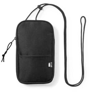 A black multipurpose bag with a zipper, featuring a detachable strap and a logo.