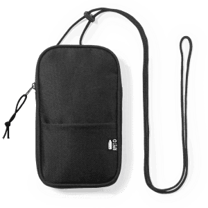 A black multipurpose bag with a strap and exterior pocket, featuring a logo.
