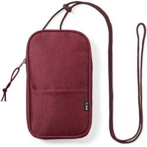 A maroon multipurpose bag with a long strap and a zip closure, featuring a front pocket and branding.