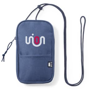 A navy multipurpose bag with a logo, featuring a strap for carrying and a front pocket.