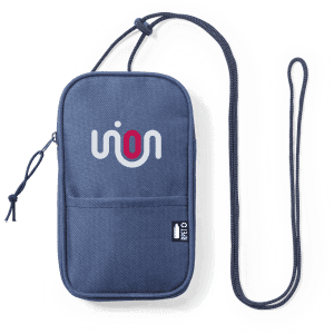 A blue multipurpose bag with a logo and a long adjustable strap for easy carrying.