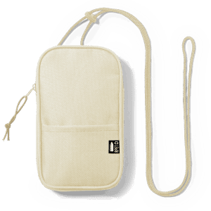 A cream-coloured multipurpose bag with a shoulder strap, featuring a front pocket and a branding label.