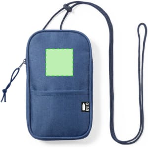 A navy multipurpose bag with a strap, featuring a front pocket and a logo.