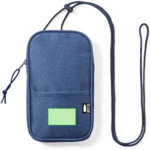 A navy blue multipurpose bag with a shoulder strap, featuring a front pocket and a logo.