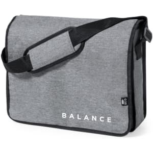 A grey Lourdel Shoulder Bag with a black strap, featuring a logo on the front.
