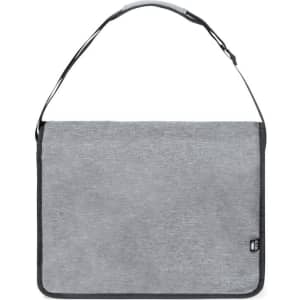 A grey satchel bag with a long adjustable strap and a simple, minimalist design. It features a logo on the side.