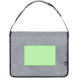 A grey Lourdel shoulder bag featuring a green blank area and an adjustable shoulder strap. Includes a logo.