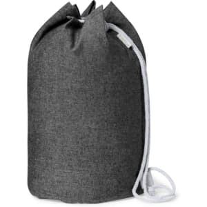 A grey drawstring bag with a textured fabric and a white cord for closure, featuring a logo.