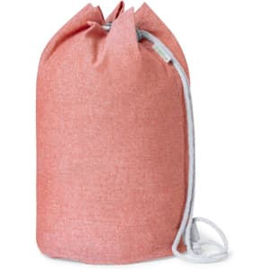 A red drawstring duffel bag with a grey cord, featuring a simple design and a logo.