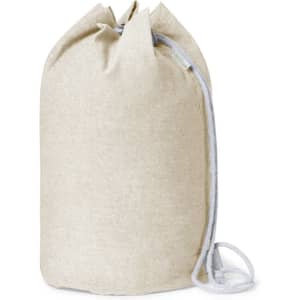 A natural-coloured drawstring bag with a cinched top and contrasting white cord, featuring a logo.