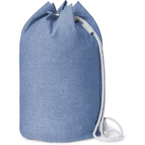 A blue drawstring bag with a textured fabric and a white cord for closure. It features a branding logo.