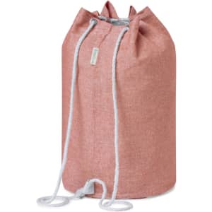 A rose-coloured drawstring duffel bag with grey drawstrings and a simple logo.
