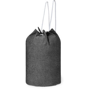 A grey drawstring duffel bag with white straps and a round base. It features a simple design and a logo.