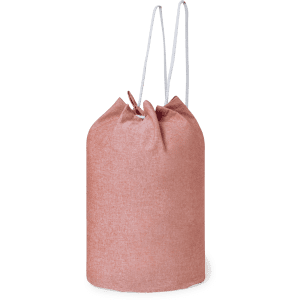 A pink drawstring duffel bag with white cords and a textured fabric finish. It features a branding logo.