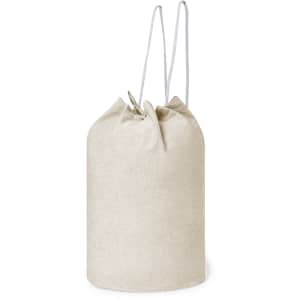 A neutral beige drawstring duffel bag with matching straps and a simple design. Features a branding logo.
