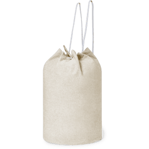 A cream drawstring duffel bag with white cords, featuring a simple design and a logo.