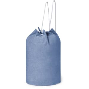 A blue drawstring duffel bag with two white cords and a simple design, featuring a logo.