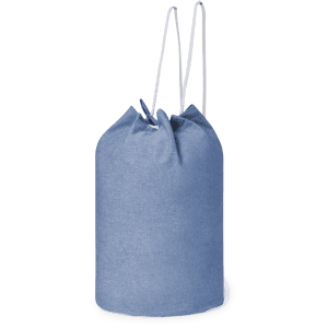 A blue drawstring bag with white cords, featuring a round shape and soft fabric. It has a logo on the side.