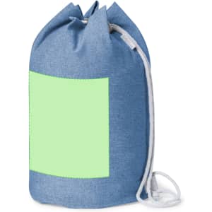 A drawstring duffel bag in denim blue with a light green panel and a white cord for closure.