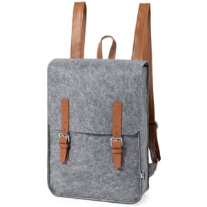 A grey backpack with brown leather straps and buckles, featuring a simple and sleek design.