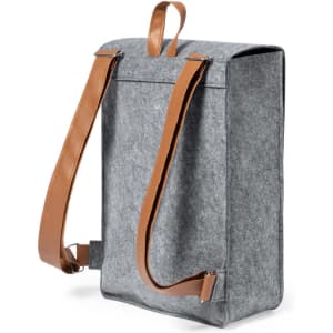 A grey felt backpack with brown leather straps, featuring a minimalist design and a logo.
