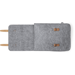 A grey felt backpack featuring leather straps and two metal buckles for closure. It has a minimalist design.