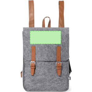 A grey backpack with brown leather straps and buckle closures. It features a blank area on the front.