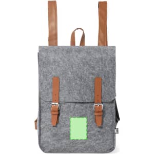 A grey backpack with a felt exterior and brown leather straps, featuring two buckled flaps and a brand logo.