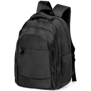 A black backpack featuring padded straps, multiple compartments, and a mesh side pocket, with a logo present.