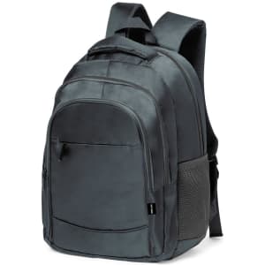 A dark grey Luffin backpack with padded straps, multiple pockets, and a mesh side pocket. It features a logo on the front.