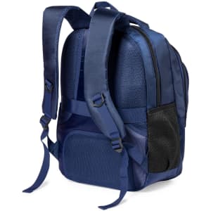 A navy blue backpack with padded straps, mesh side pockets, and a zippered main compartment. Features branding.