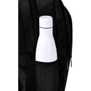 A white drink bottle is nestled in the side pocket of a black backpack, which has a logo.