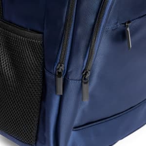 A navy blue backpack featuring dual zippers and a mesh pocket on the side. It has a sleek, modern design.