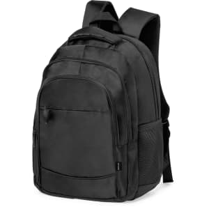 A black backpack with padded straps, multiple compartments, and a mesh side pocket, featuring a logo.