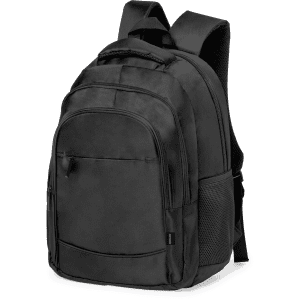 A black backpack with multiple compartments and a side mesh pocket, featuring a logo.