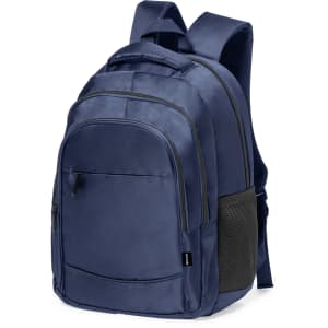 A navy blue backpack featuring a large front pocket, mesh side pocket, and padded shoulder straps. It has a logo.