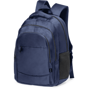 A navy blue backpack featuring multiple compartments, mesh side pockets, and padded shoulder straps. It has a logo.
