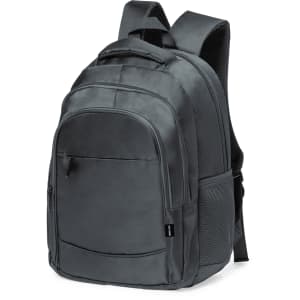 A dark grey backpack with padded straps and multiple compartments, including a side mesh pocket and a front zip pocket.